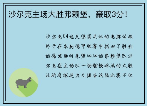沙尔克主场大胜弗赖堡，豪取3分！