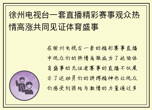 徐州电视台一套直播精彩赛事观众热情高涨共同见证体育盛事